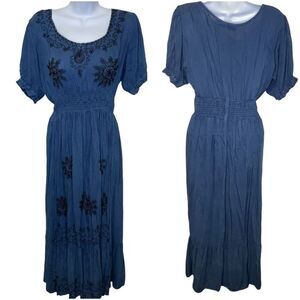 Amanda’s Collection Maxi Short Sleeve Embroidered Peasant Dress Blue Black Large